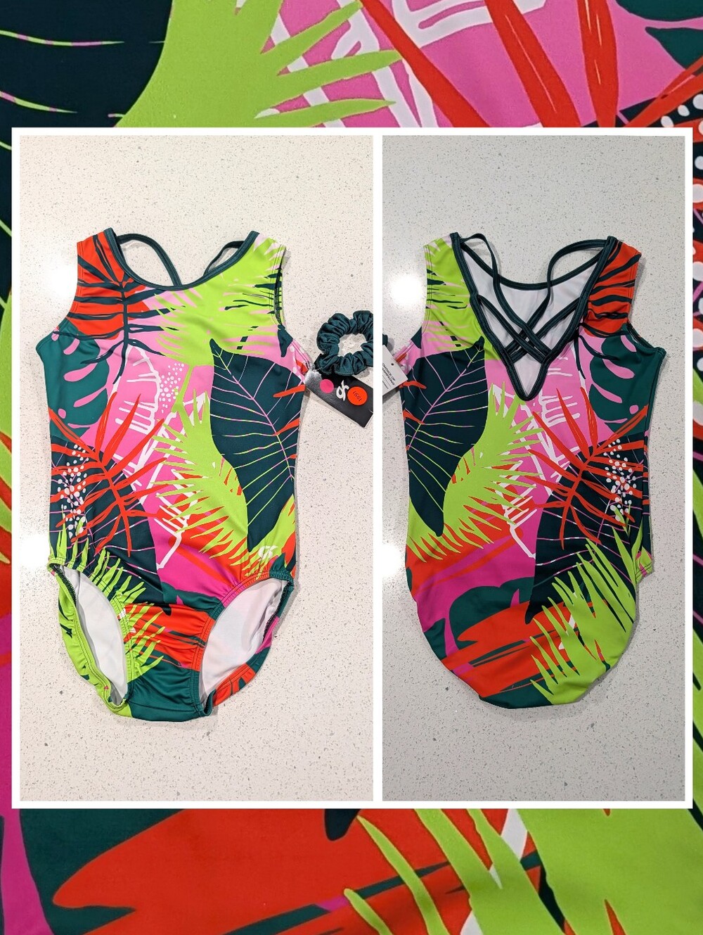 BRAND NEW GK Elite gymnastics Leotard AL Large Neon TROPICAL JUNGLE + Scrunchie